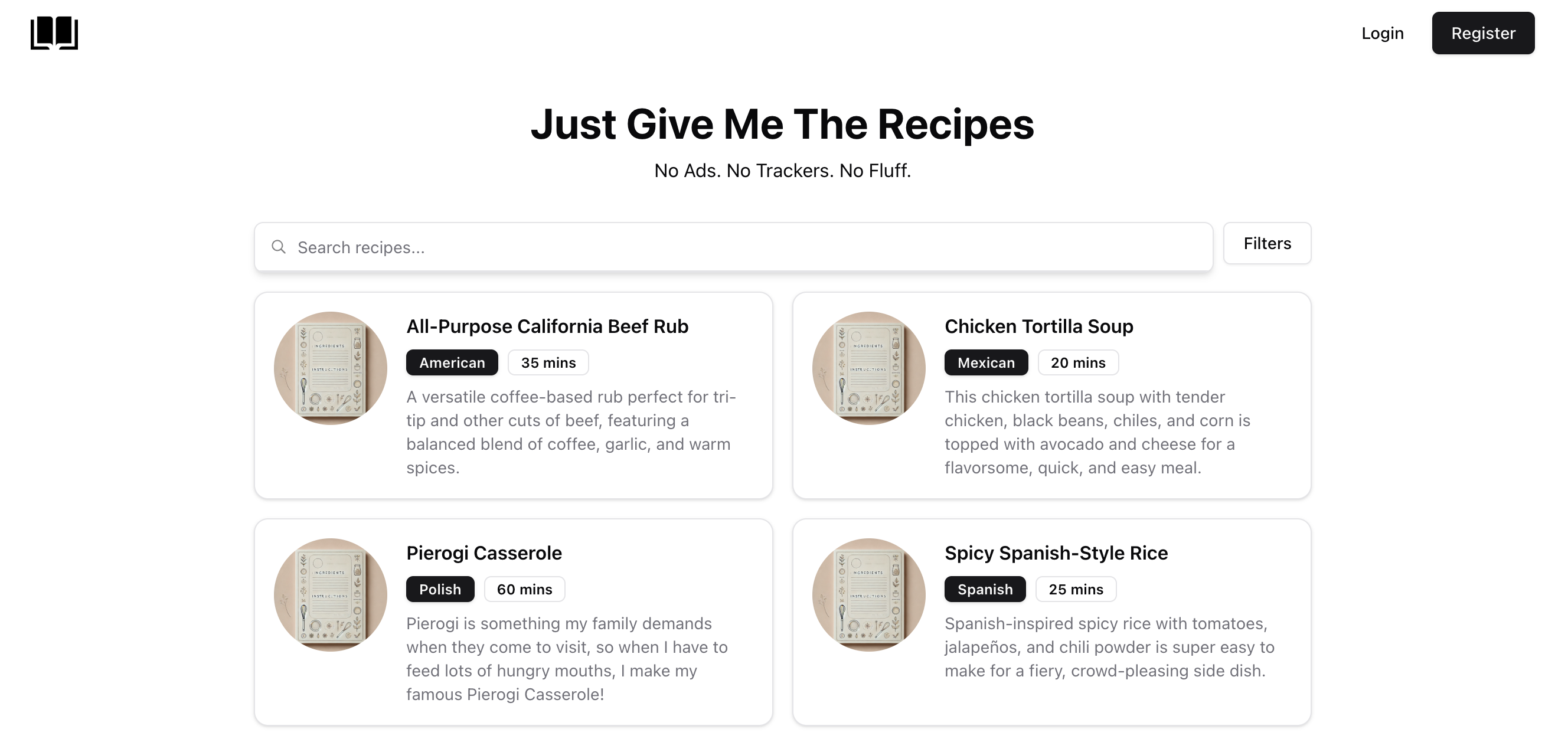 justgivemethe.recipes — Fast, structured recipe platform preview
